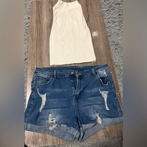 Distressed Denim Shorts with Cream Tank Top Set